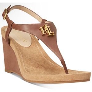 Lauren Ralph Lauren Women's Size 8.5 Polo Tan Jeannie Wedge Sandals Monogram